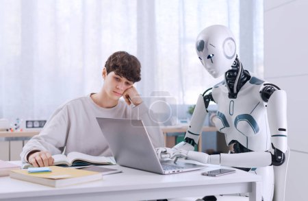 Foto de Un maestro robot hace que cada lección sea una experiencia emocionante. Robot y concepto de colaboración humana. - Imagen libre de derechos