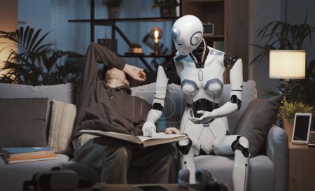 Foto de Robot de IA humanoide que ayuda a un estudiante perezoso distraído con tareas, aprendizaje y concepto de tecnología - Imagen libre de derechos