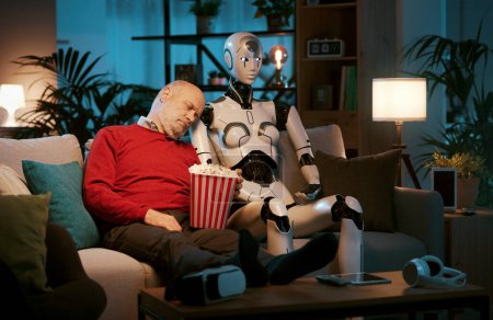 Photo for Senior man sitting on the couch at home with his female AI robot and watching movies, he is falling asleep in front of TV - Royalty Free Image