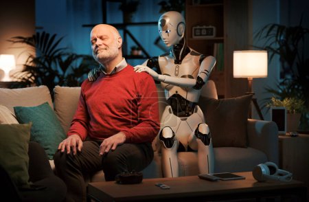 Foto de Feliz hombre mayor sentado en el sofá en casa y recibiendo un masaje de una mujer cariñosa robot AI - Imagen libre de derechos
