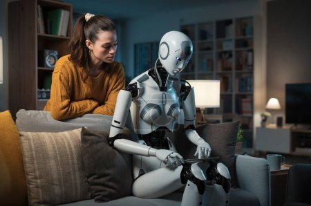 Photo for A pretty young girl and her A.I.-equipped Robot spend a quiet evening together, reading and conversing. Concept of usefulness of A.I. to serve humans. - Royalty Free Image