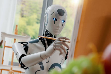Foto de Robot creativo androide AI sosteniendo un pincel y pintura sobre lienzo, arte y concepto de inteligencia artificial - Imagen libre de derechos