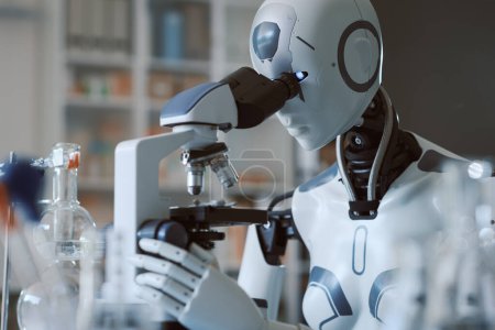 Foto de Robot de IA utilizando un microscopio en el laboratorio científico: inteligencia artificial y concepto de investigación - Imagen libre de derechos