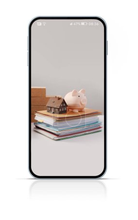 Téléchargez les photos : Rénovation domiciliaire et application immobilière sur smartphone, isolé sur fond blanc - en image libre de droit