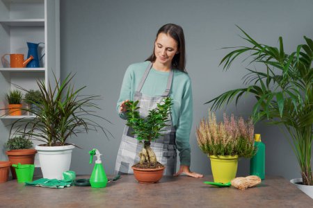 Téléchargez les photos : Femme donnant des cours de jardinage en ligne, elle montre des plantes et du matériel de jardinage - en image libre de droit