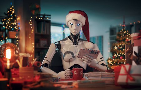 Téléchargez les photos : Humanoïde AI robot Père Noël lire des lettres à la maison et se préparer pour Noël - en image libre de droit