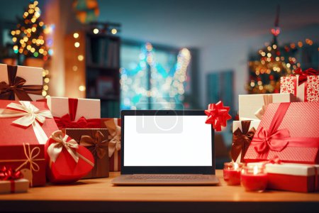 Téléchargez les photos : Ordinateur portable avec écran vierge sur un bureau, cadeaux et décorations de Noël : concept de magasinage et vacances en ligne - en image libre de droit