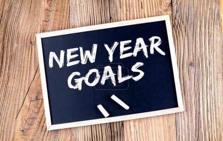 NEW YEARS GOALS TEXTtext on chalkboard on the wooden background