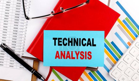 Photo for TECHNICAL ANALYSIS text on sticky on red notebook on chart background - Royalty Free Image