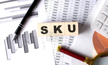 Téléchargez les photos : SKU Stock Keeping Unit texte sur bloc de bois sur fond graphique avec stylo et loupe - en image libre de droit