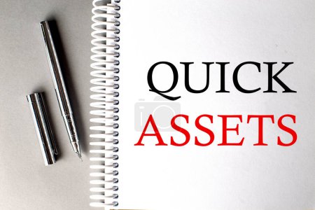 Photo for QUICK ASSETS text on notebook with pen on grey background - Royalty Free Image