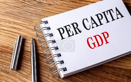 Téléchargez les photos : Texte du PIB par habitant sur un carnet avec stylo sur fond bois - en image libre de droit