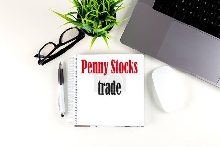 PENNY STOCKS TRADE Text geschrieben auf einem Notizbuch mit Laptop, Stift, Brille und Maus, weißer Hintergrund