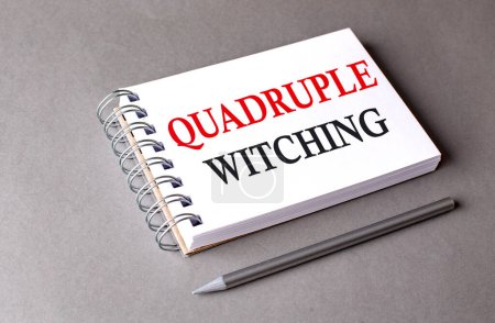 Quadruple Witching word on a notebook on grey background