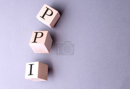Word PPI auf einem Holzblock auf dem grauen Hintergrund