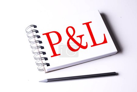 P AND L word on a notebook on white background . 