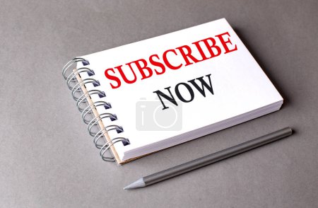 SUBSCRIBE NOW word on a notebook on grey background