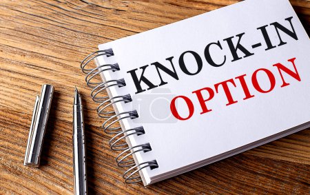 KNOCK-IN OPTION text on a notebook with pen on the wooden background . 
