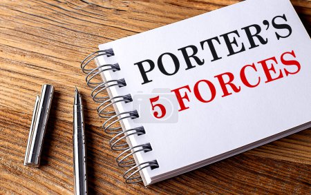 PORTER'S 5 FORCES text on notebook with pen on wooden background . 