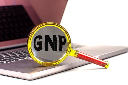 GNP word on a magnifier on laptop , white background . 