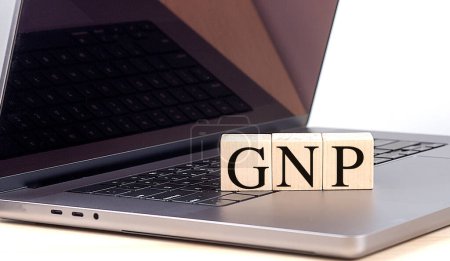 Palabra de GNP en un bloque de madera en el ordenador portátil, concepto de negocio. 