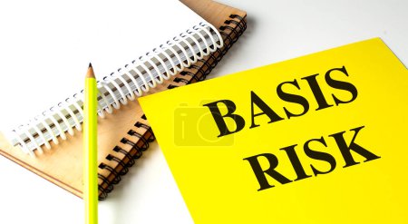 BASIS RISK Text auf gelbem Papier mit Notizbüchern. 