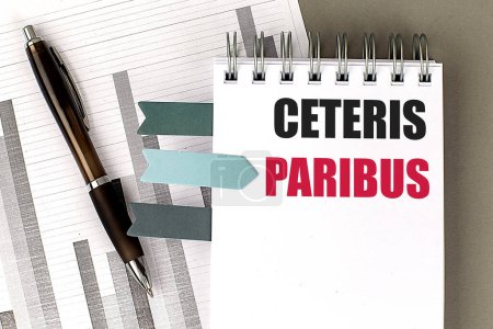 CETERIS PARIBUS text sticky on a dairy on gray background 