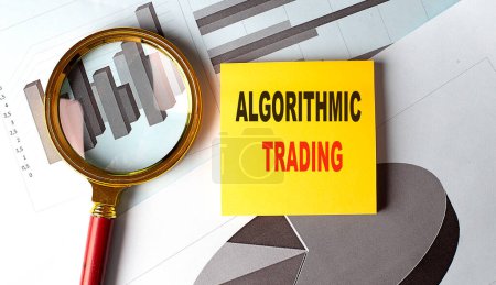 ALGORITHMIC TRADING text on sticky on chart background . 