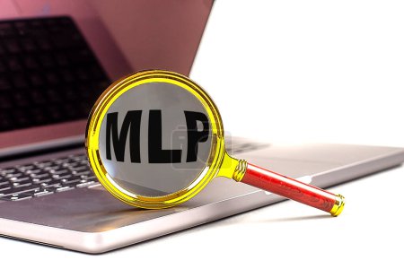 MLP word on a magnifier on laptop , white background . 