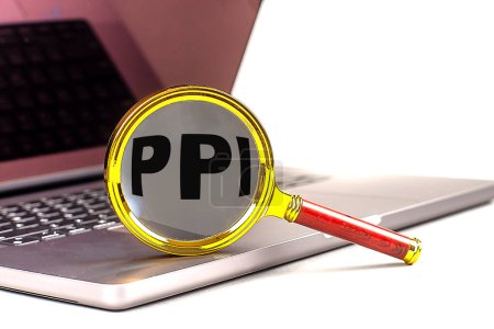 PPI palabra en una lupa en el ordenador portátil, fondo blanco . 