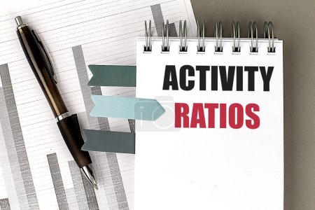 ACTIVITY RATIOS Text auf einem Notizbuch mit Diagramm auf grauem Hintergrund