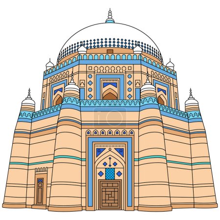 Illustration for Shah Rukn-e-Alam Multan - filled color outline beautiful illustration. - Royalty Free Image