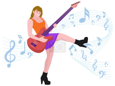 Mädchen spielt E-Gitarre - Illustration einer Rockband
