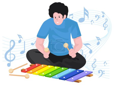 Boy playing musical instrument - Musical rock band illustration