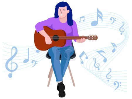 Girl playing guitar - Musical rock band illustration