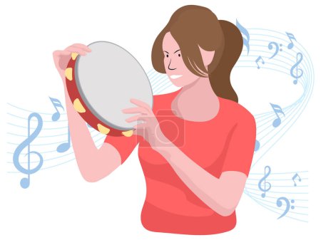 Female playing tambourine - Musical rock band illustration