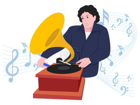 Playing music on phonograph - Musical rock band illustration