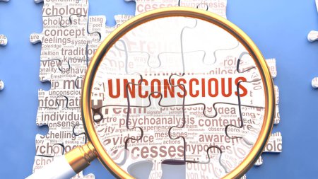 Photo for Unconscious as a complex and multipart topic under close inspection. Complexity shown as matching puzzle pieces defining dozens of vital ideas and concepts about Unconscious - Royalty Free Image
