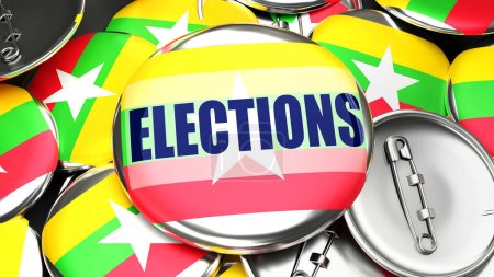 Photo for Myanmar and Elections - dozens of pinback buttons with a flag of Myanmar and a word Elections. 3d render symbolizing upcoming Elections in this country. - Royalty Free Image