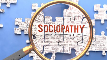Photo for Sociopathy as a complex and multipart topic under close inspection. Complexity shown as matching puzzle pieces defining dozens of vital ideas and concepts about Sociopathy - Royalty Free Image