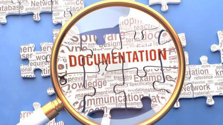 Photo for Documentation as a complex and multipart topic under close inspection. Complexity shown as matching puzzle pieces defining dozens of vital ideas and concepts about Documentation - Royalty Free Image