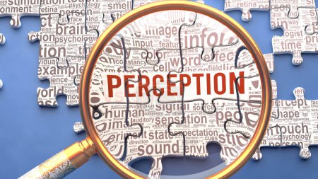 Photo for Perception as a complex and multipart topic under close inspection. Complexity shown as matching puzzle pieces defining dozens of vital ideas and concepts about Perception - Royalty Free Image