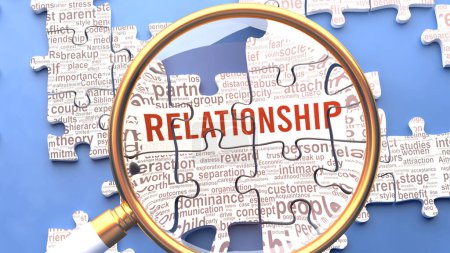 Photo for Relationship as a complex and multipart topic under close inspection. Complexity shown as matching puzzle pieces defining dozens of vital ideas and concepts about Relationship - Royalty Free Image