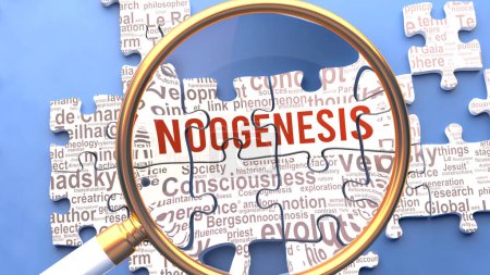 Photo for Noogenesis as a complex and multipart topic under close inspection. Complexity shown as matching puzzle pieces defining dozens of vital ideas and concepts about Noogenesis - Royalty Free Image