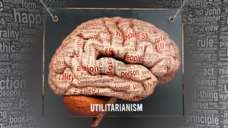 Téléchargez les photos : Utilitarisme dans le cerveau humain - des dizaines de termes importants décrivant les propriétés de l'utilitarisme peintes sur le cortex cérébral pour symboliser le lien de l'utilitarisme avec l'esprit. - en image libre de droit