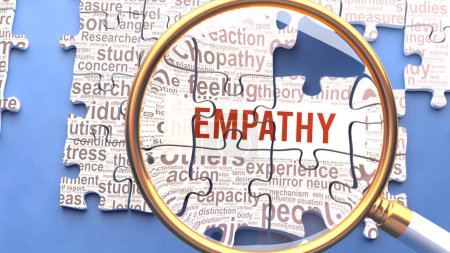 Photo for Empathy as a complex and multipart topic under close inspection. Complexity shown as matching puzzle pieces defining dozens of vital ideas and concepts about Empathy - Royalty Free Image