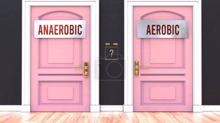 Photo for Anaerobic or Aerobic - making decision by choosing either one option. Two alaternatives shown as doors leading to different outcomes. - Royalty Free Image