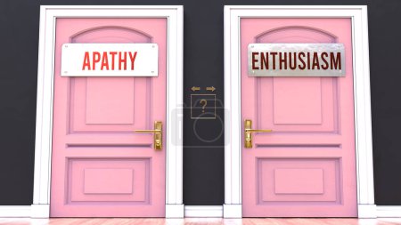 Photo for Apathy or Enthusiasm - making decision by choosing either one option. Two alaternatives shown as doors leading to different outcomes. - Royalty Free Image