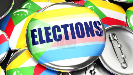 Photo for Comoros and Elections - dozens of pinback buttons with a flag of Comoros and a word Elections. 3d render symbolizing upcoming Elections in this country. - Royalty Free Image