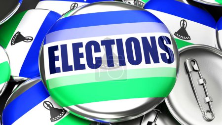 Photo for Lesotho and Elections - dozens of pinback buttons with a flag of Lesotho and a word Elections. 3d render symbolizing upcoming Elections in this country. - Royalty Free Image